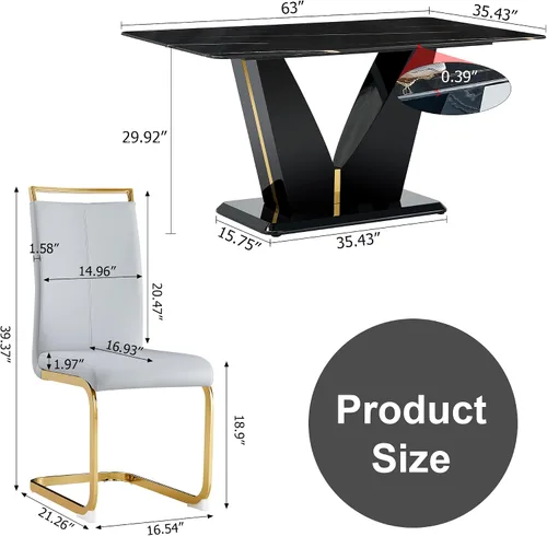 Vista 3 de Juego de mesa de comedor de mármol negro de lujo para 4, mesa de cocina moderna con 4 sillas de comedor de cuero gris claro dorado, mesa de comedor