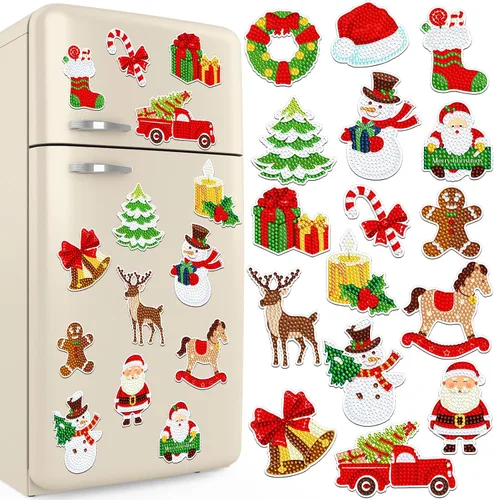 Vista 10 de Umigy 16 piezas de imanes de arte de diamante navideño para refrigerador, verde lima y rojo, imanes de pintura de diamantes de Navidad, hombre