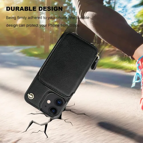 Vista 8 de Bocasal Funda tipo cartera cruzada para iPhone 12/12 Pro, funda de piel con bloqueo RFID y soporte para tarjetas, funda protectora con cremallera