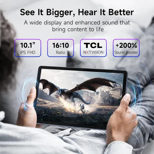 Vista 2 de TCL Tableta Android TAB 10 Gen 4, pantalla FHD de 10.1 pulgadas, CPU Octa-Core, 12 GB de RAM (4+8 GB), 128 GB de almacenamiento, batería de 6000