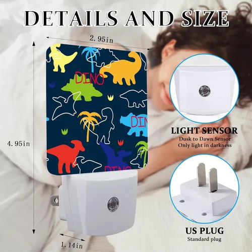 Vista 2 de Luz nocturna de dinosaurio, lámpara nocturna de pared enchufable con sensor de atardecer a amanecer, lámpara LED de 0.5 W de eficiencia energética