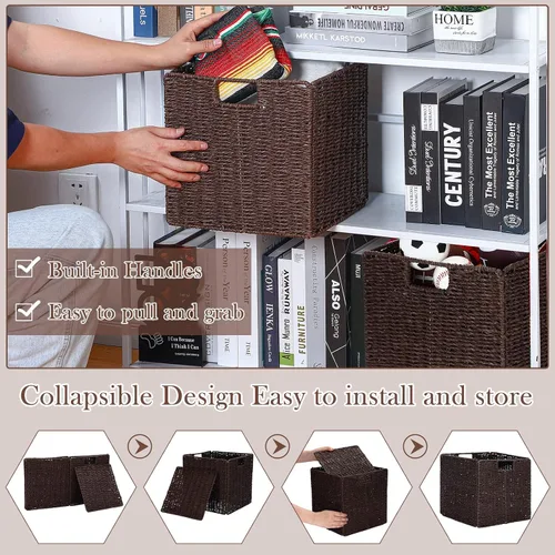 Vista 3 de Panelee Paquete de 6 cestas de mimbre plegables de mimbre tejidas a mano, cuerda de sauce de 11 x 11 x 11 pulgadas, cubos cuadrados organizadores