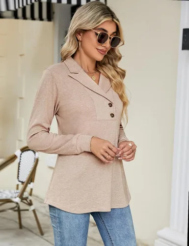 Vista 4 de Micoson Sudadera de manga larga con solapa y botones para mujer, cuello en V, casual, para negocios, sudadera con vuelo