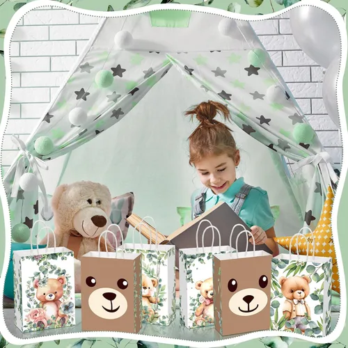 Vista 3 de Yeaqee - 24 bolsas de regalo de papel con asas para fiesta de oso lindo tema de oso con asas, bolsas de dulces para baby shower, fiestas de bosque