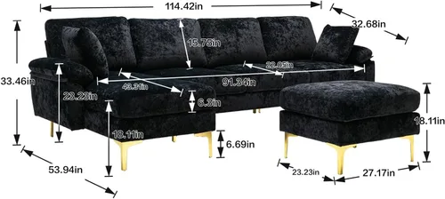Vista 2 de Daesar Sofá seccional en forma de L con otomana, sofá moderno para sala de estar, negro
