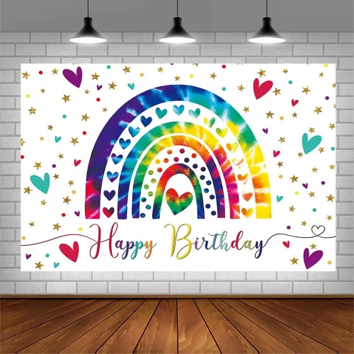 Vista 3 de AIBIIN Fondo de fiesta de cumpleaños de arcoíris bohemio de 7 x 5 pies para niña, feliz primer cumpleaños, fondo de fotografía, colorido amor