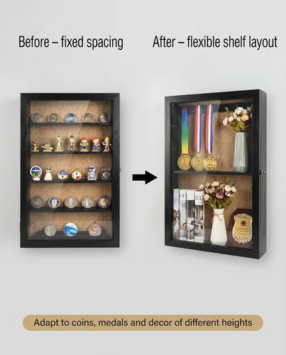 Vista 4 de Marco de caja de sombra de 14 x 17 pulgadas con 4 estantes, vitrina de memoria profunda con estantes móviles, se utiliza para recoger medallas