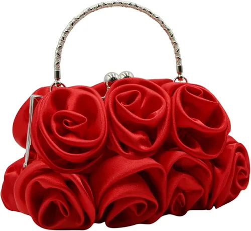 Vista 2 de RARITYUS Bolso de noche para mujer con forma de rosa de satén sedoso con elegante asa de metal para fiesta, boda