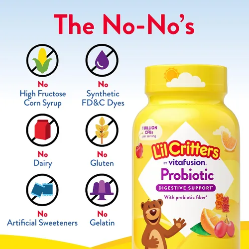 Vista 7 de L'il Critters - Gomitas probióticas para niños, 60 vitaminas gomosas para niños, con fibra prebiótica, 1 mil millones de UFC, sabores variados