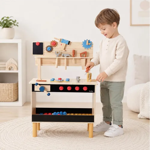 Vista 7 de PairPear - Banco de herramientas de madera para niños, banco de trabajo grande con juego de herramientas con caja de juguetes
