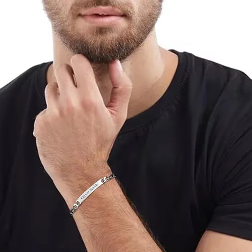 Vista 2 de LeCalla Personalized Customised Engraved Name Men's Figaro Chain ID Bracelet in 925 Sterling Silver Personalized Custom Birthday Christmas Fathers