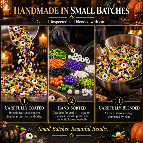 Vista 7 de Confect Mezcla de espolvorear de Halloween – Bolas de discoteca blancas, naranjas, moradas, negras y verdes, ojos de caramelo y jimmies – Gránulos