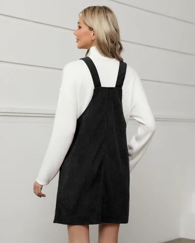 Vista 7 de luvamia Vestido de pana para mujer, tirantes ajustables, casual, a la moda, overoles cortos con bolsillos