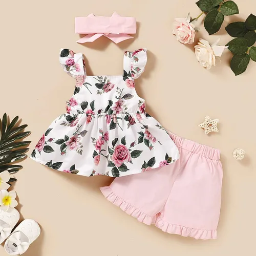 Vista 2 de Conjunto de ropa de bebé para niña pequeña con volantes de manga larga pantalones florales con diadema para otoño e invierno