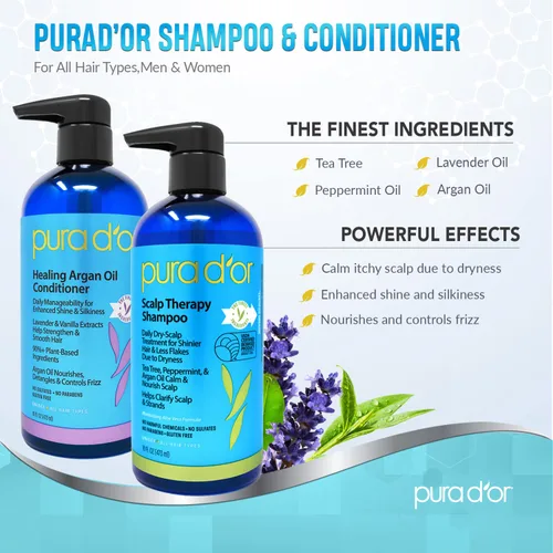 Vista 3 de PURA D'OR Champú y acondicionador curativo para terapia del cuero cabelludo para cabello seco y nutre con terapia de árbol de té y cuero cabelludo