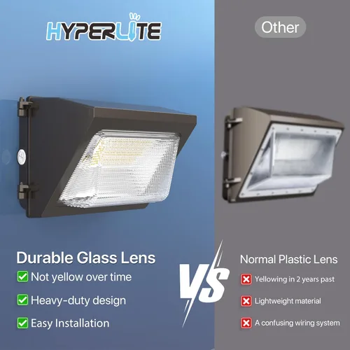 Vista 2 de HYPERLITE Paquete de luz LED de pared de 50 W, 2 paquetes con fotocélulas del atardecer al amanecer, lente de vidrio de 6750 lúmenes, paquetes