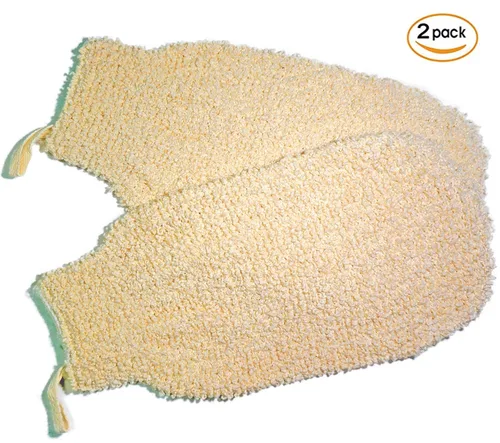 Vista 5 de Paquete de 2 guantes exfoliantes de fibra vegetal natural para ducha, guantes de baño de tela de rizo suave, guantes exfoliantes para el cuerpo