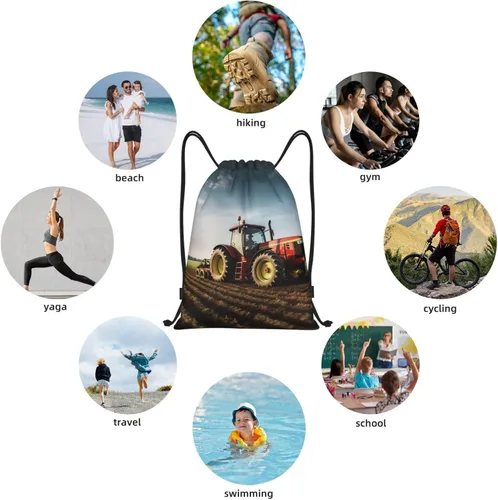 Vista 7 de VACSAX Mochila con cordón Deportes Resistente al Agua Bolsa de Cuerda Tractor Granja Imprimir Gimnasio DrawString Mochilas, Negro