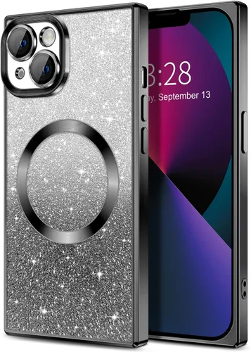 Vista 122 de Hython Funda para iPhone 13 Pro transparente con purpurina magnética [compatible con MagSafe] Protector completo de lente de cámara delgado