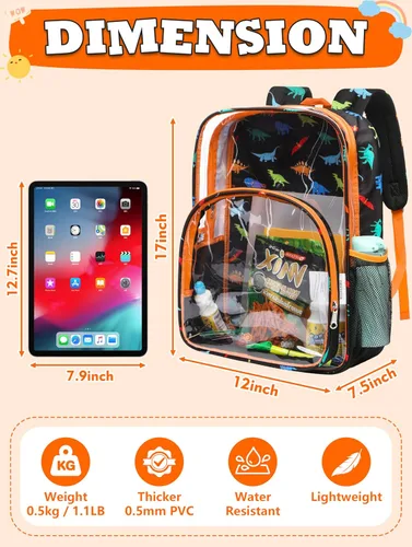 Vista 2 de BLUEFAIRY Mochila transparente para escuela, estadio, mochila transparente aprobada para niños, resistente PVC, bolsa grande transparente, Naranja