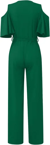 Vista 3 de UODSVP Overol de moda para mujer, cuello en V, manga corta, casual, pantalones largos, pierna ancha
