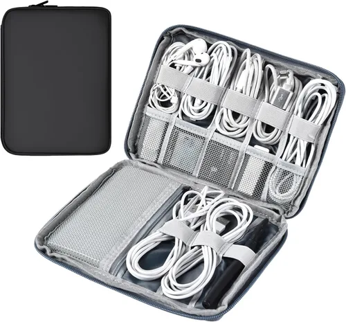 Vista 10 de Organizador de cables de cuero para viaje, impermeable, organizador de cables de viaje, portátil, organizador técnico, estuche de viaje para Verde