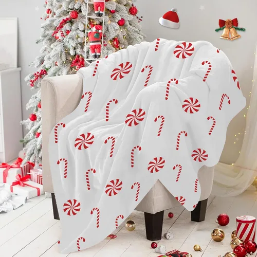 Vista 2 de Manta Navideña de Franela con Diseño de Bastón de Caramelo, Manta de Sofá Súper Suave y Cálida, Manta de Cama, Decoración Navideña de las Fiestas