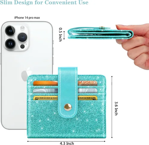 Vista 6 de Simikol Billeteras pequeñas para mujer Slim Minimalistfor Bifold Credit Card Holder para bolsillo o monedero, Glitter Tiffany