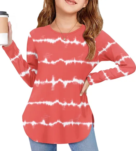 Vista 26 de Arshiner - Camisetas de manga larga para niñas, cuello redondo, dobladillo curvo, abertura lateral, básicas, casuales, de ajuste holgado, tipo