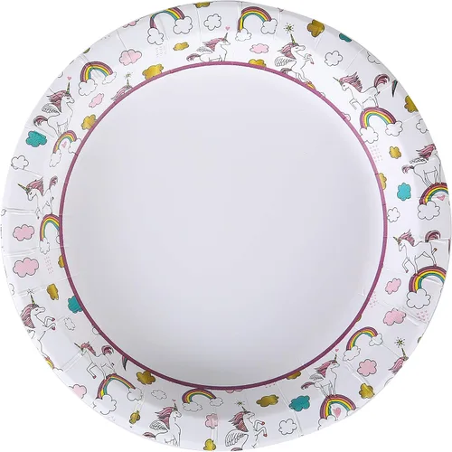 Vista 6 de Glad Platos de papel desechables con temática de unicornio para niños, platos redondos resistentes a prueba de remojo para cumpleaños de niños