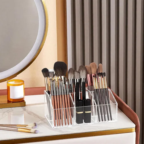 Vista 4 de Organizador de brochas de maquillaje transparente de acrílico con 6 ranuras para cosméticos, organizador de almacenamiento para encimera de tocador