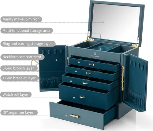 Vista 3 de Vlando Joyero grande, cajas de joyería y organizadores de 6 niveles, estuche de almacenamiento de joyas con espejo con 5 cajones, reloj de piel