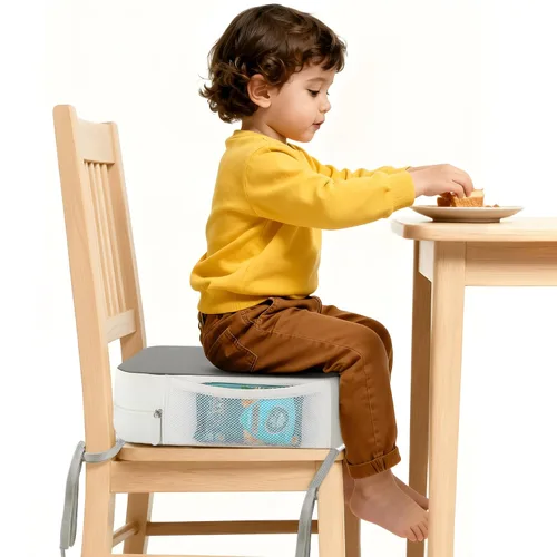 Vista 8 de Asiento elevador para silla de cocina, cojín de asiento elevado para niños Mesa de comedor de PU para niños pequeños con lazos y bolsillos