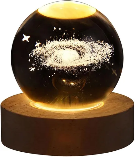Vista 12 de Luz nocturna LED de bola de cristal, sistema de la Vía Láctea, lámpara de noche de cristal grabada en 3D con base de madera, carga USB