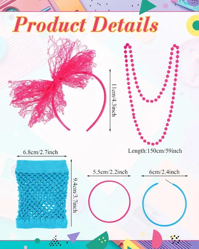 Vista 3 de Blulu 80s Costume Accessories for Women Lace Headband Earrings Fishnet Gloves Necklace Bracelet for 80s Retro Party