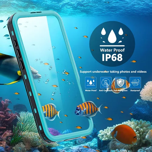 Vista 3 de Funda resistente a prueba de agua para iPhone 16 Plus de 6.7", protector incorporado, negro-verde azulado IP68 6.6FT waterproof, shockproof