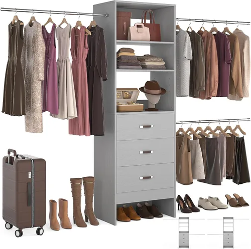 Vista 10 de Homieasy Sistema Organizador de Armario de 96 Pulgadas, Organizador de Armario Walk-In Personalizable de 8 Pies con Varillas para Colgar, Perchero