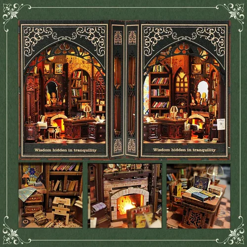 Vista 3 de Kit de rincón de libros: rompecabezas de madera 3D con luces LED interactivas, decoración en miniatura para adultos y adolescentes, encantador