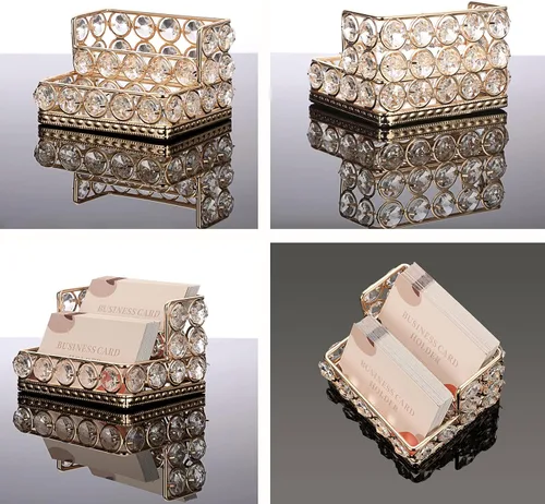 Vista 7 de Hipiwe Soporte para Tarjetas de Visita de Cristal de 2 Niveles Dorado Espejado Soporte de Exhibición de Tarjetas de Visita Organizador de Escritorio