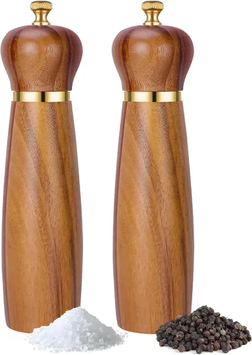 Vista 9 de Juego de molinillo de sal y pimienta de madera de acacia con base, molinillo de pimienta manual de 8 pulgadas con grosor ajustable, juego de 2