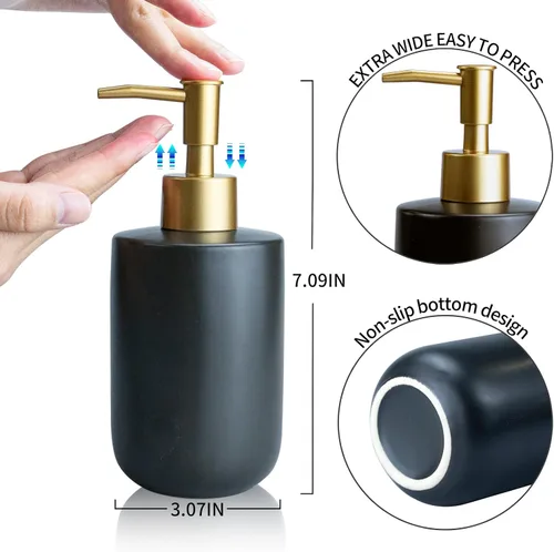 Vista 2 de Dispensador de jabón de manos, dispensador de jabón de cerámica negro mate de 14 onzas con 2 bombas inoxidables, dispensador de jabón líquido