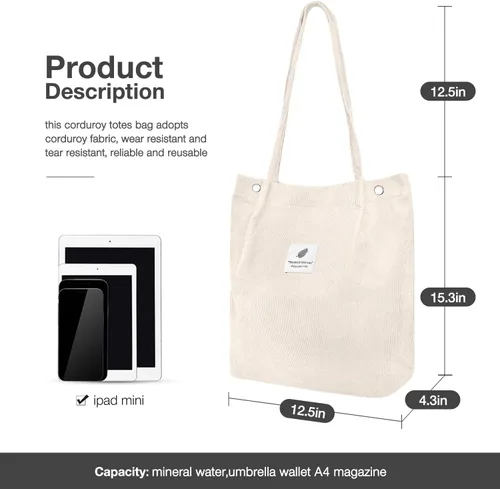 Vista 2 de Bolsas de pana para mujer, bolsa de pana de gran capacidad, reutilizable, con bolsillos interiores