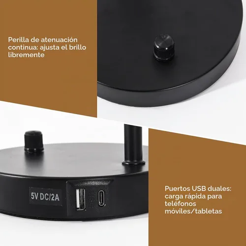Vista 5 de Lámparas de escritorio, lámparas de mesa para dormitorios con 2 puertos USB, lámparas de noche regulables continuas, lámpara ajustable para sala