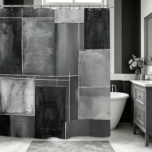 Vista 9 de Abstract Black Gray Geometric Bathroom Shower Curtain 60W by 71H Inch Modern Contemporary Neutral Minimalist Simple Triangle Polyester Fabric 12