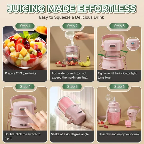 Vista 8 de Licuadora Portátil, Licuadoras Personales Prasky para Batidos y Smoothies con Taza de 27 onzas, Tapa y Correa para el Hombro, Recargable por USB