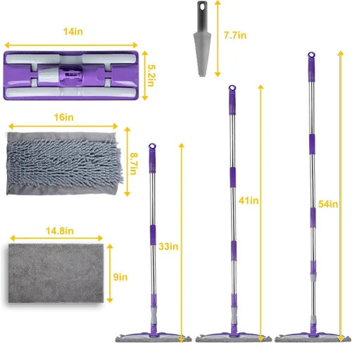 Vista 2 de Trapeadores de microfibra para limpieza de suelos, trapeador plano en seco y húmedo con mango telescópico de acero inoxidable, 4 almohadillas