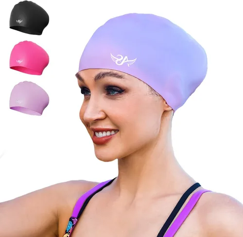 Vista 9 de Angel season Gorros de natación para mujer, de silicona, rizado, mediano y largo, diseño ergonómico para adultos, mantiene el cabello seco