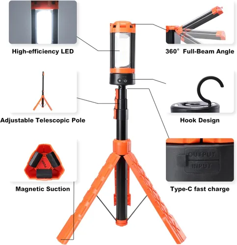 Vista 4 de Luces de campamento, linterna LED recargable portátil con 5 modos de iluminación, luz telescópica con luz de trabajo trípode, linterna desmontable