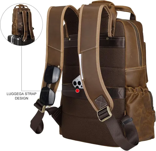 Vista 2 de TIDING - Mochila para portátil de cuero de grano completo de 15.6 pulgadas para hombre, mochila grande casual para viaje, estilo vintage, para fin