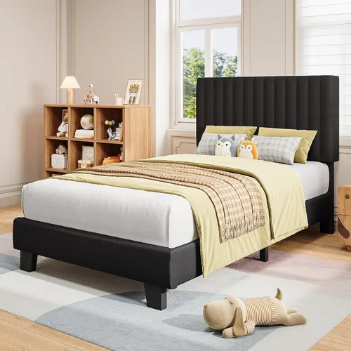 Vista 7 de iPormis Base de cama tamaño twin, cama de plataforma tapizada con cabecera de lino vertical, patas de cama anchas y soporte de listones de madera